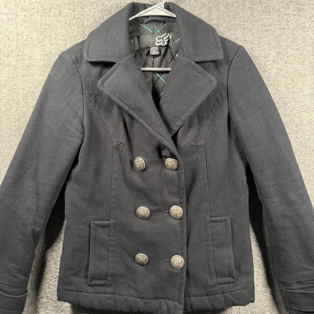 Fox Coat Womens Small Black Pea Coat Quilted Lined Double Breasted Logo Buttons